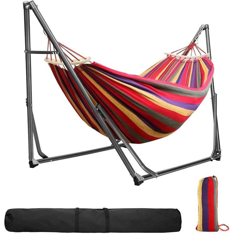 Garden hammock chair swing in cream cotton fabric on steel stand