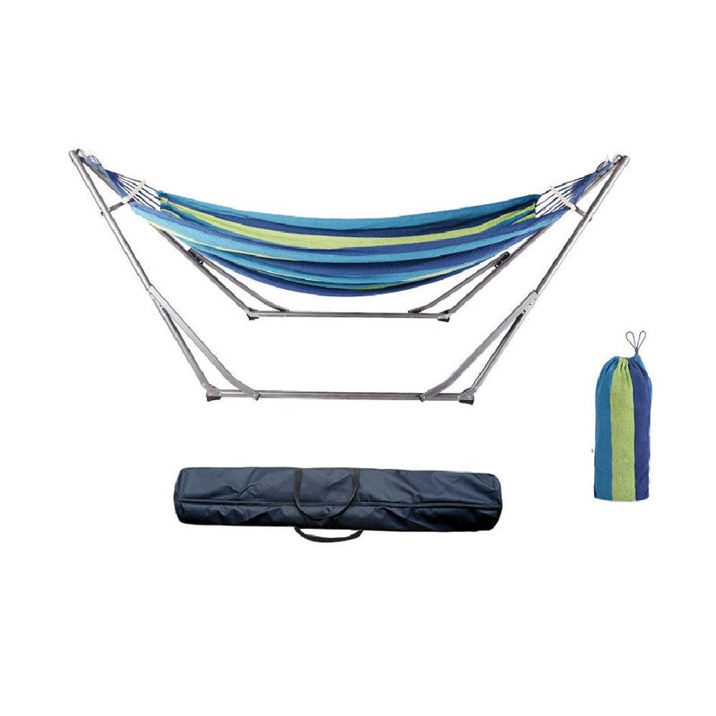 Garden hammock chair swing in cotton fabric with steel stand side view