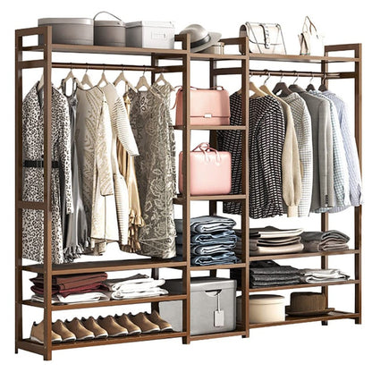 Bamboo wardrobe clothes rack front view showing hanging rails
