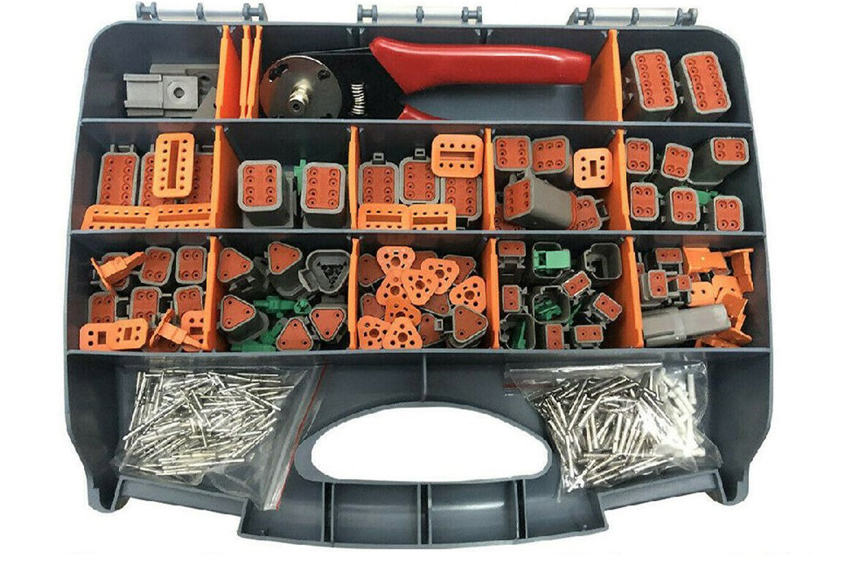 Deutsch DT connector plug kit arranged inside 15-compartment case