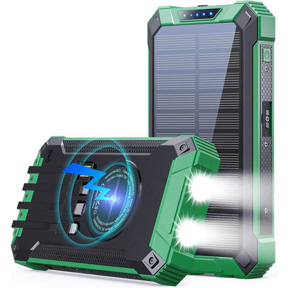 Solar power bank front view showing green and black ABS plastic