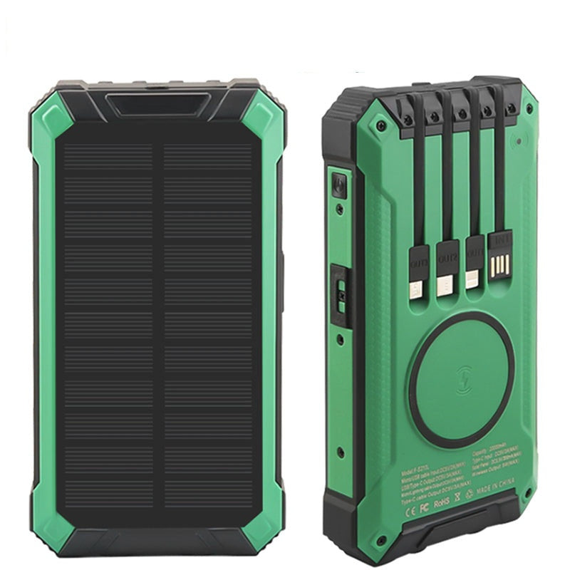 Solar power bank front view showing green and black ABS plastic