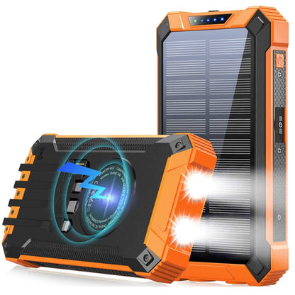 Solar power bank 20000mAh front view showing orange and black design