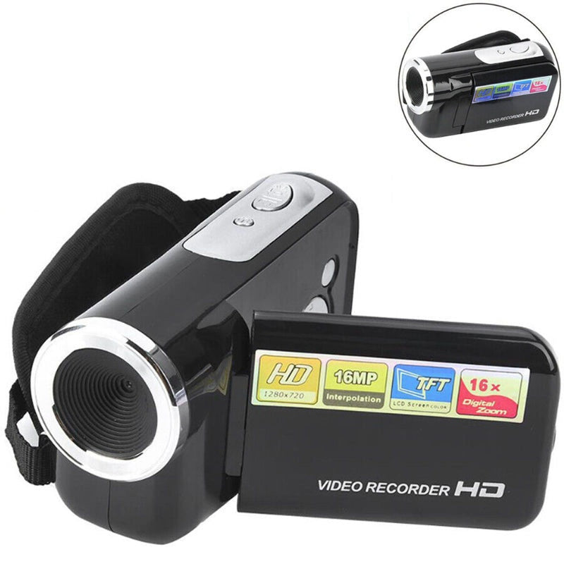 Digital camera 1080p front view showing black plastic body