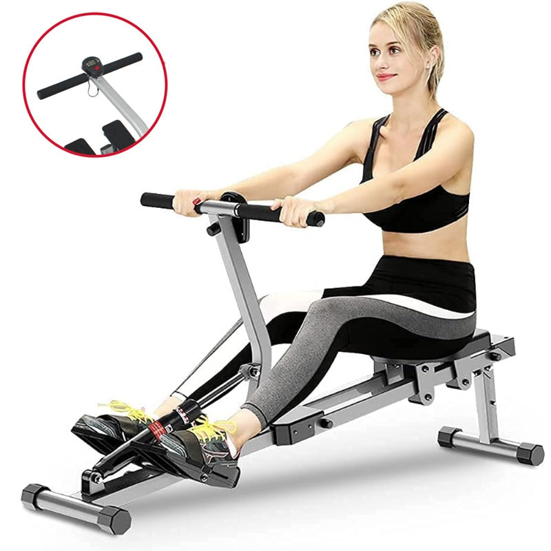 Rowing machine side view showing foldable steel frame