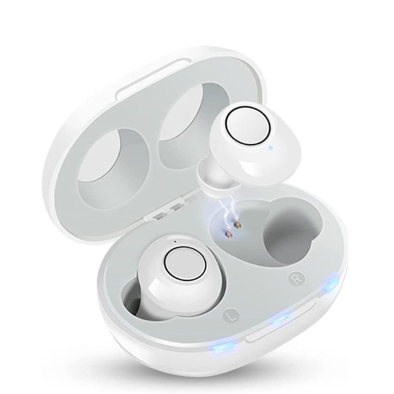 Rechargeable hearing aids showing compact in-ear design