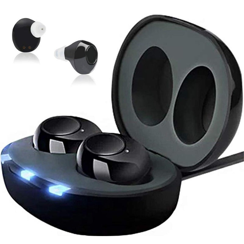 Rechargeable hearing aids in black with charging case open