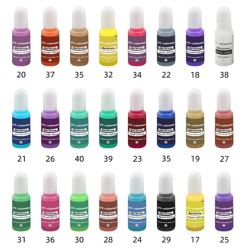 Epoxy resin pigment kit showing 24 vibrant colour bottles