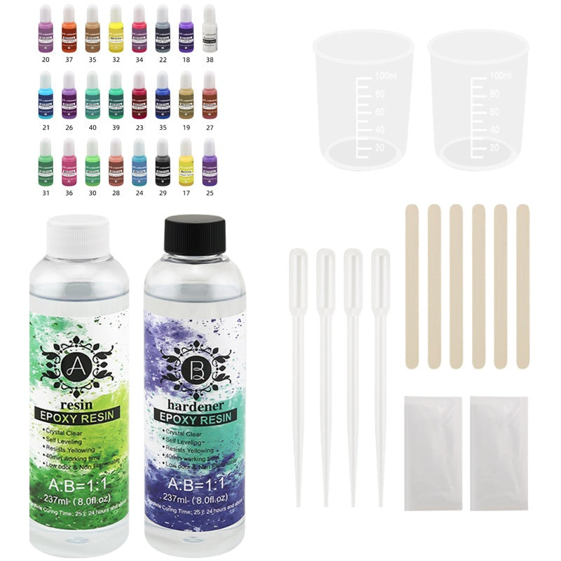 Epoxy resin kit with 24 colour pigments in clear bottle