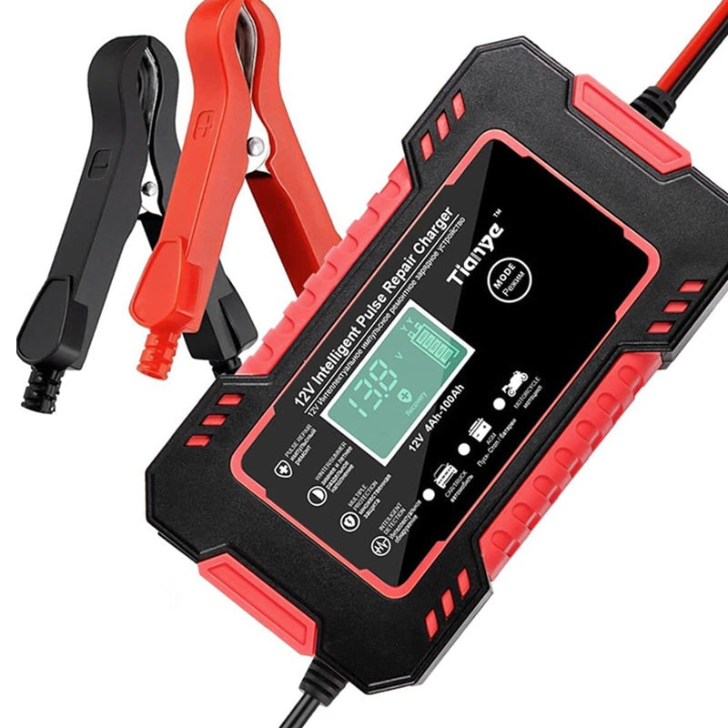 Car battery charger front view showing yellow casing