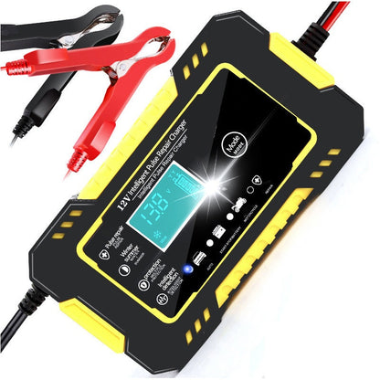 12V 6A car battery charger front view with yellow casing