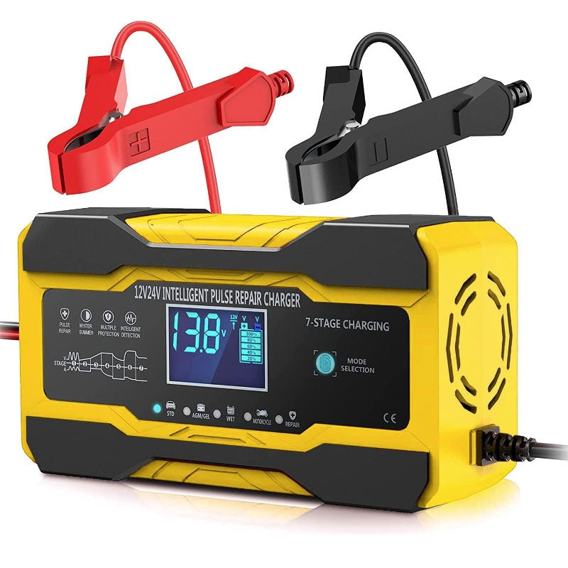 Car battery charger front view showing LCD display