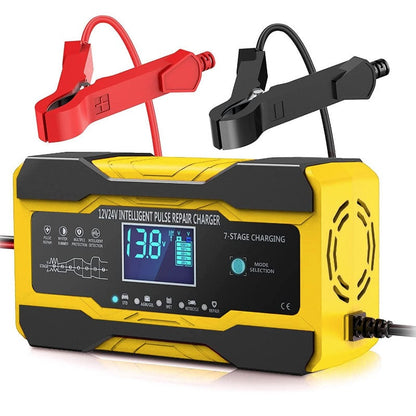 Car battery charger front view showing LCD display
