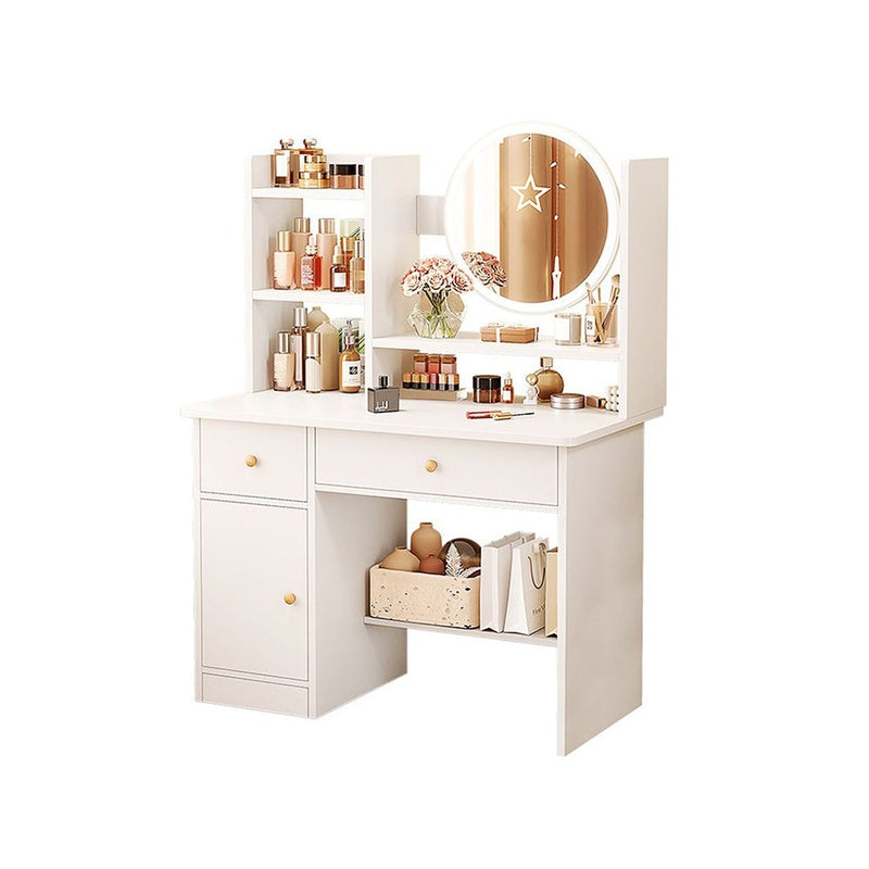 Dressing table with LED mirror showing white MDF surface