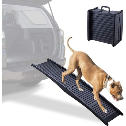 Foldable dog ramp for car in black plastic showing full length