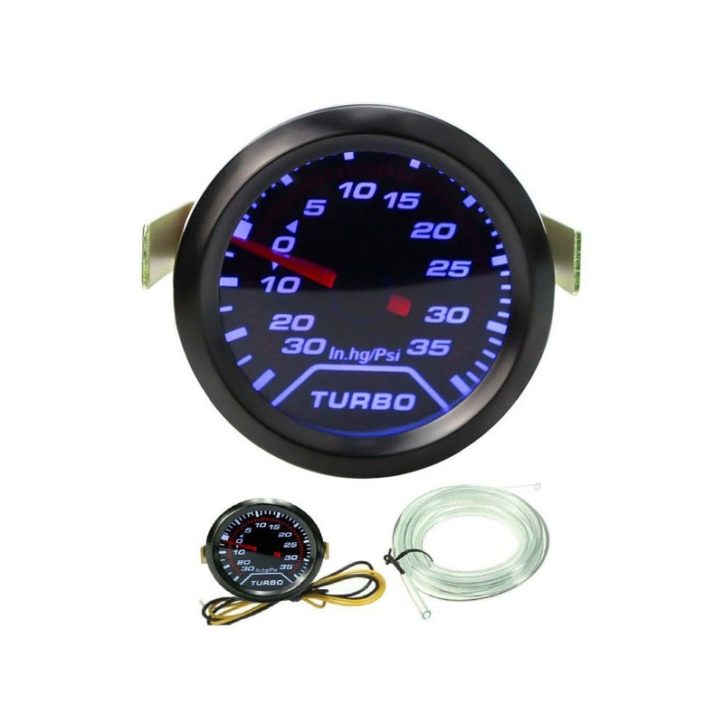 Turbo boost gauge 52mm with blue LED dial close up