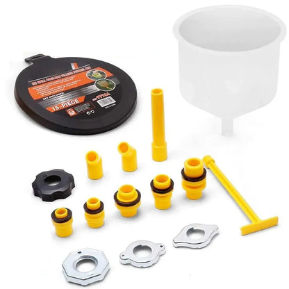 Coolant filling funnel kit showing all 15 pieces in clear ABS material