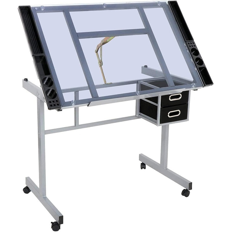 Drafting table with clear toughened glass top angled for drawing