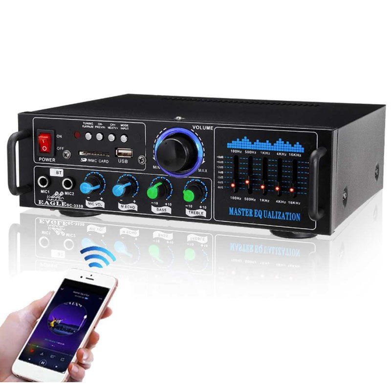 Stereo HiFi amplifier front view showing black metal body