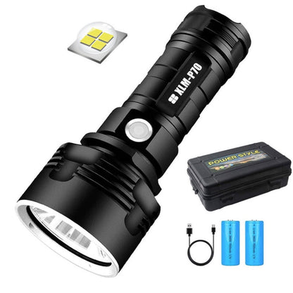 LED hunting torch showing front LED lights in black aluminium