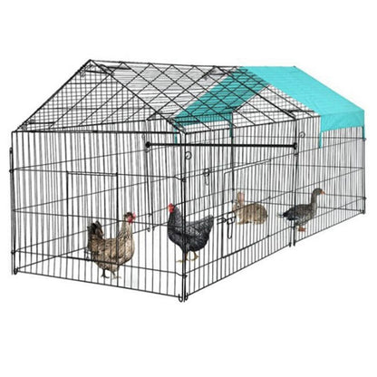 Outdoor chicken coop enclosure showing foldable wire frame