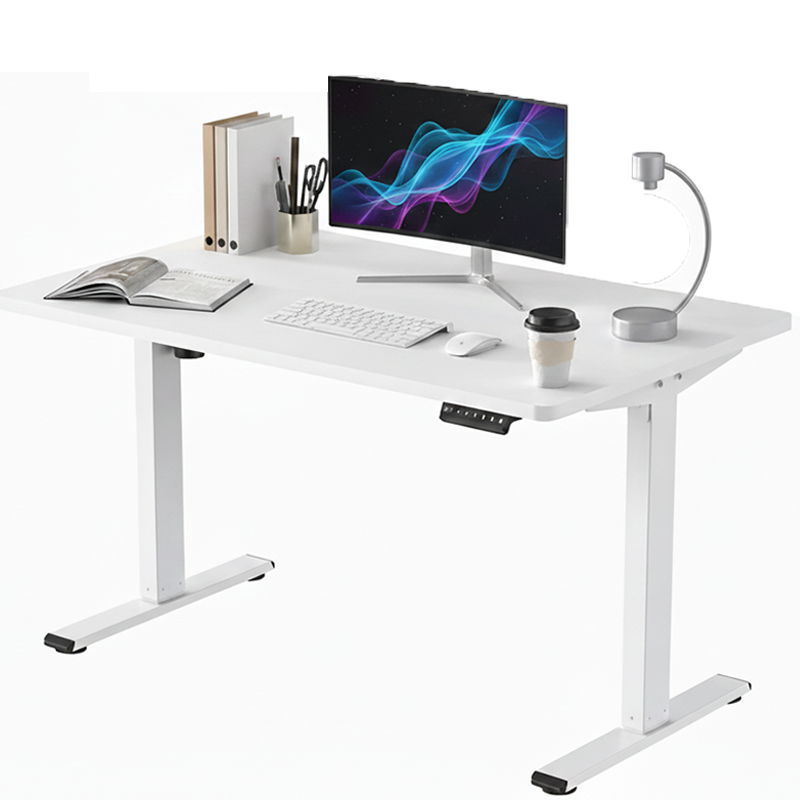 Height adjustable desk table 140cm side view showing white frame
