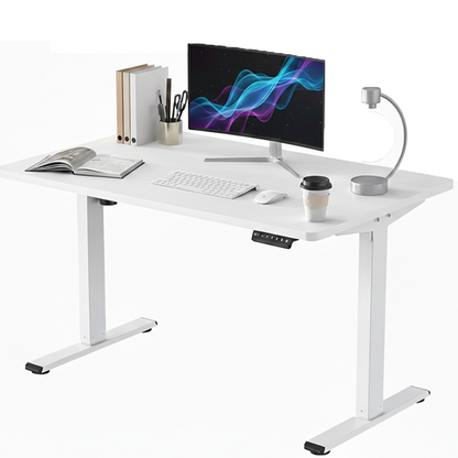 Height adjustable desk table 140cm side view showing white frame