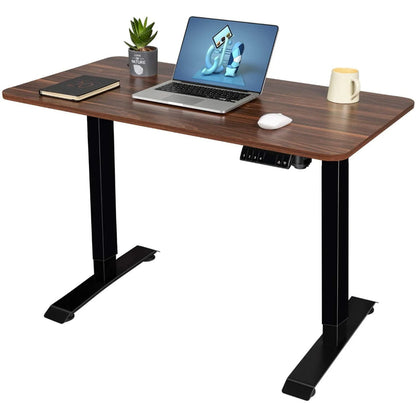Height adjustable desk table with walnut top angled view