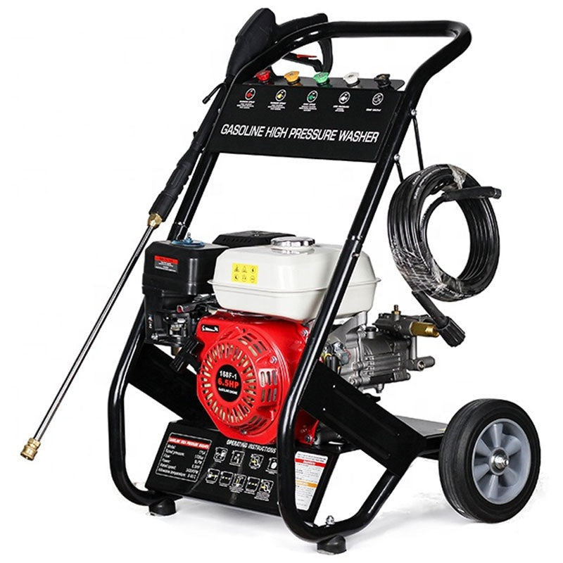 Water blaster high pressure washer side view showing petrol engine