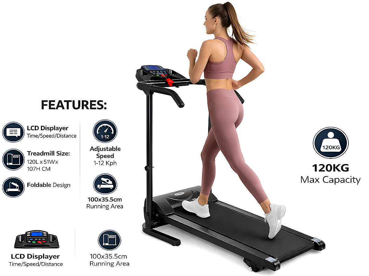 Wide running area of treadmill measuring 100 by 355 centimetres