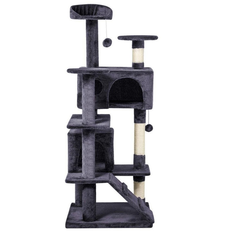 Cat tree scratching post showing grey colour and sturdy base