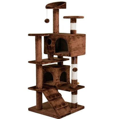 Cat tower showing full height and multilevel design in grey