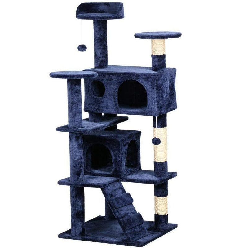 Blue cat tree scratching post with multilevel platforms