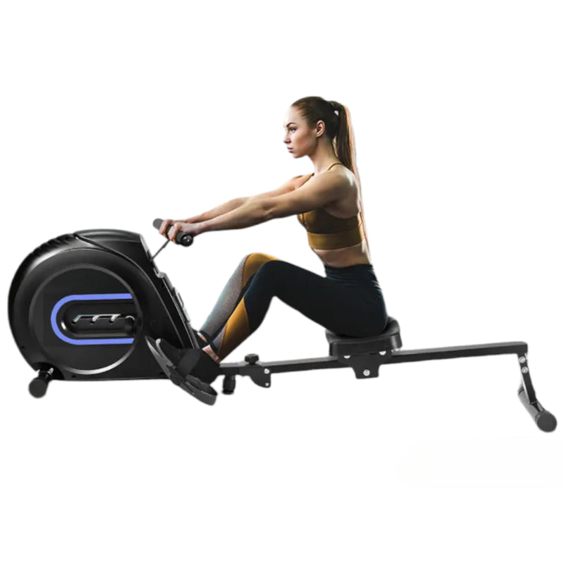 Rowing machine side view showing foldable frame in black and blue