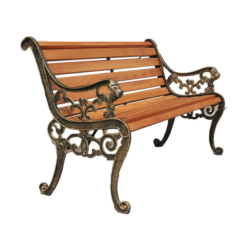 Garden bench showing rustic cast aluminium frame and wooden seat