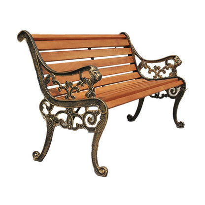 Garden bench showing rustic cast aluminium frame and wooden seat