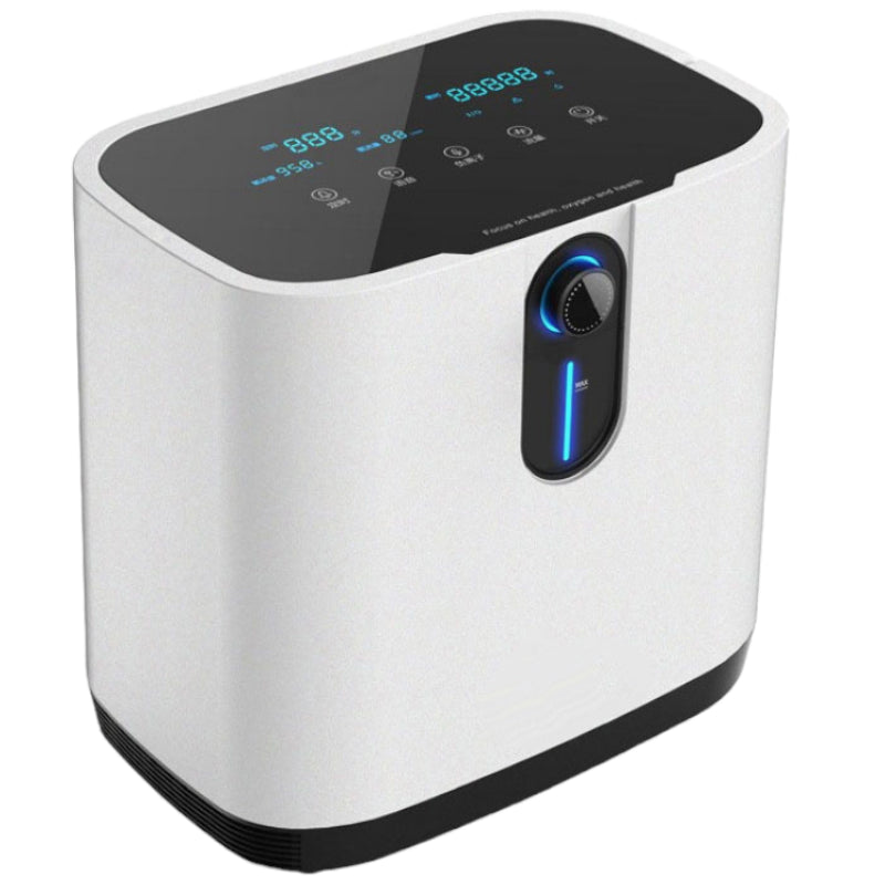 Oxygen concentrator front view showing control panel and display