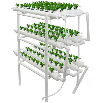 Indoor garden hydroponic system kit showing white PVC pipes
