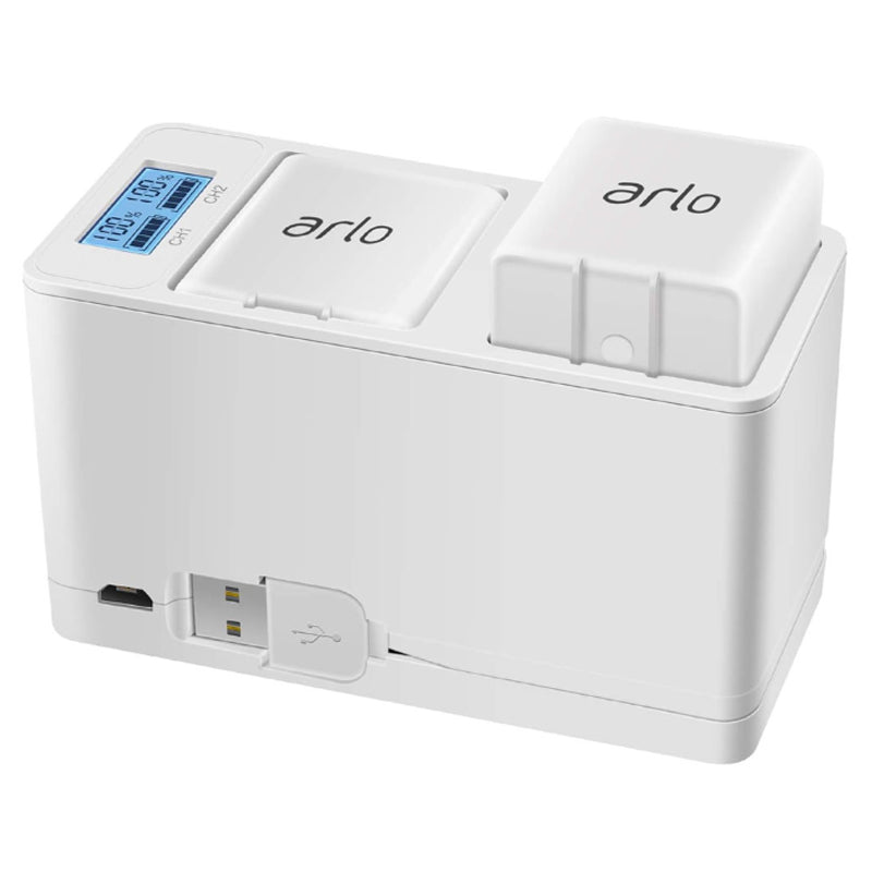 Arlo Pro 3 Pro 4 battery charger showing front view with USB ports
