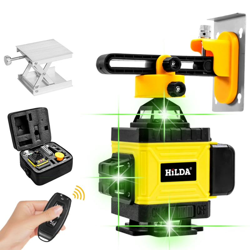 Self-leveling laser level showing 360 degree green laser lines