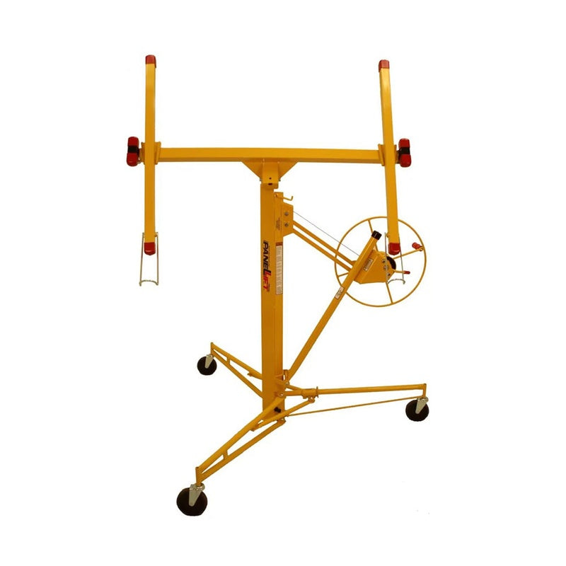 Drywall lifter panel hoist in yellow steel frame side view