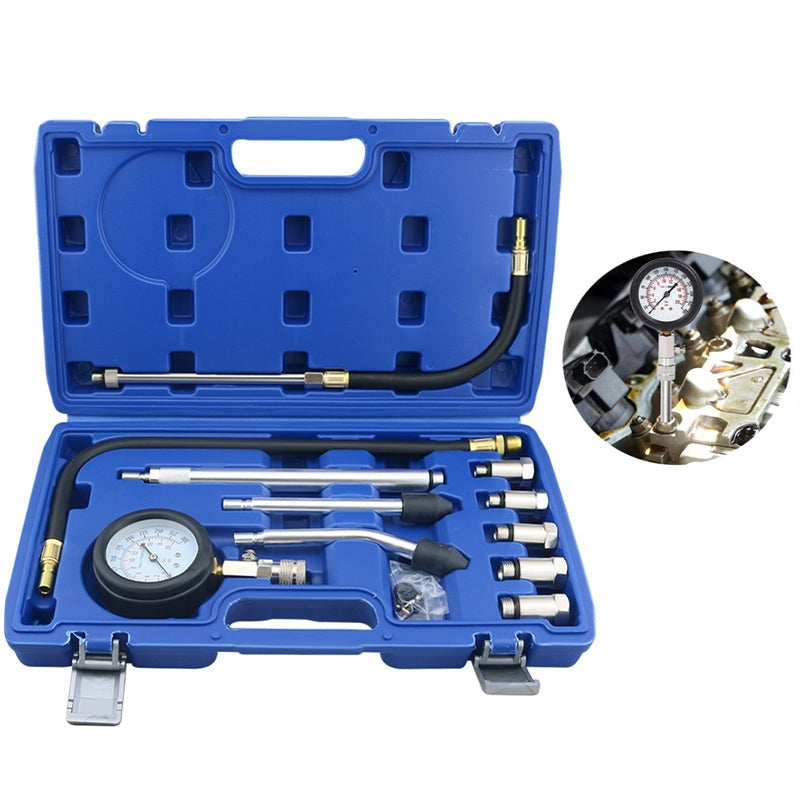 Compression tester set showing black metal gauge and rubber hose