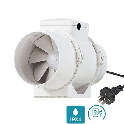 Inline extractor fan showing 150MM duct size and ABS plastic housing