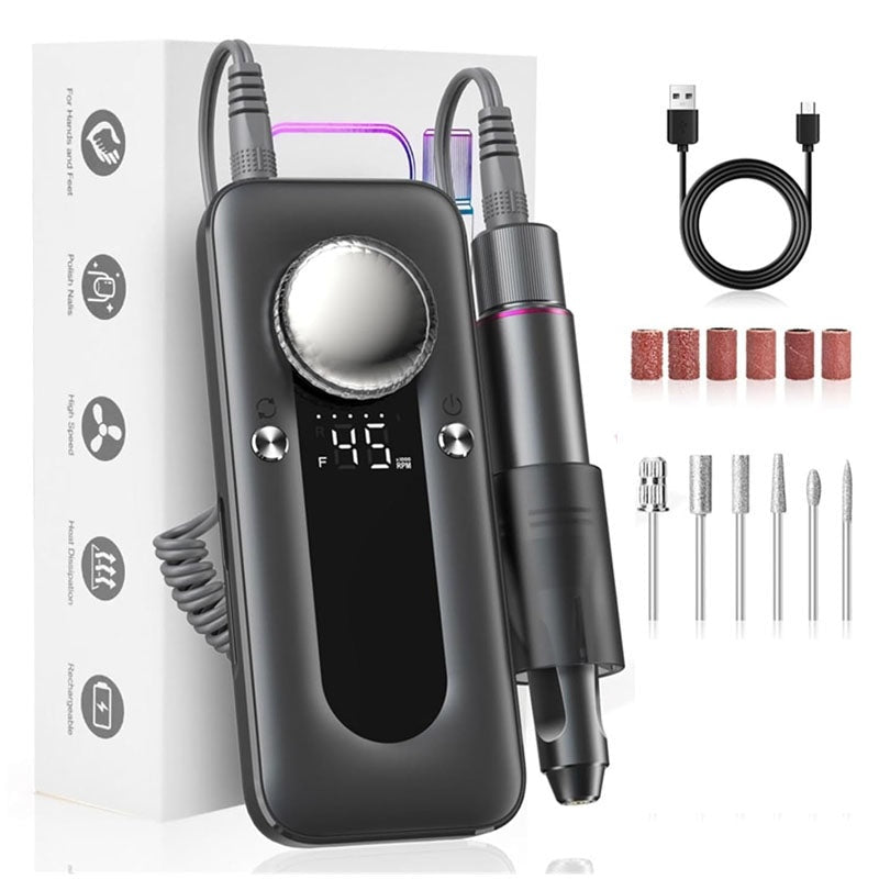 Nail drill kit showing aluminium alloy handpiece in silver colour