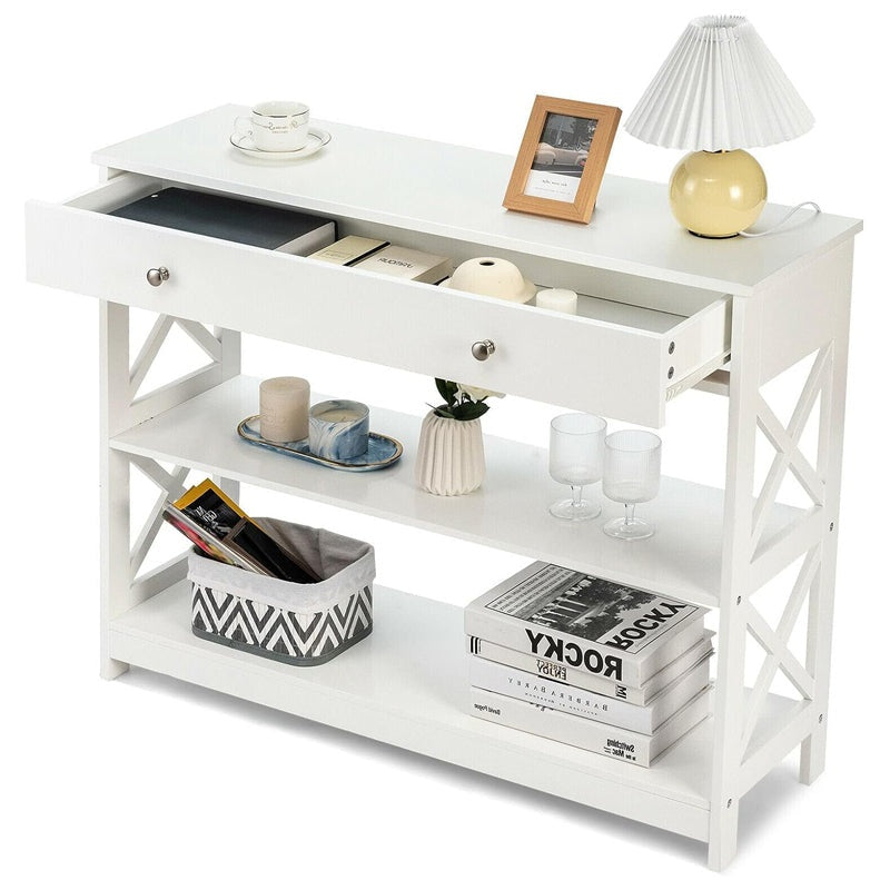 Console table hallway entry table front view in white finish