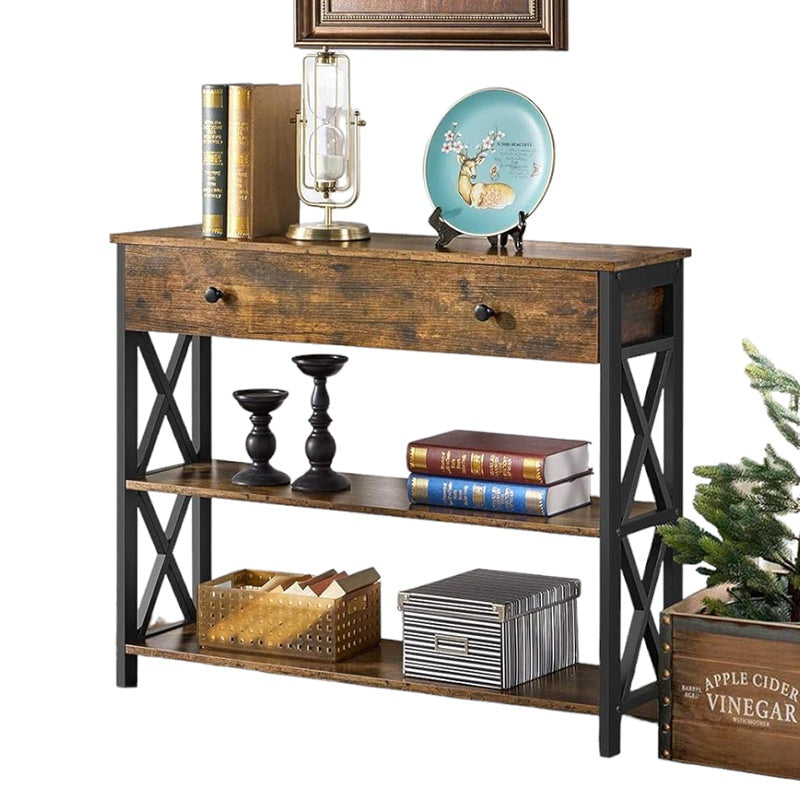 Console table hallway entry table in rustic brown finish side view