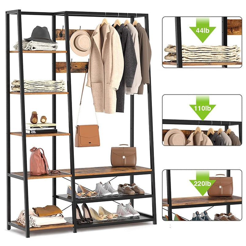 Coat rack clothes rack stand showing rustic brown finish