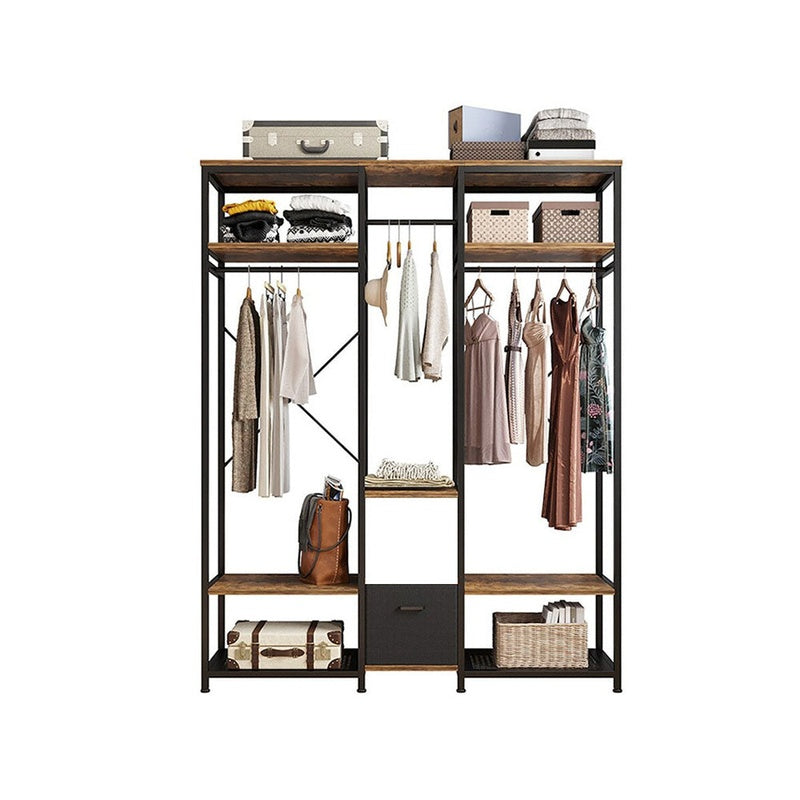 Metal wardrobe clothes rack side view showing black metal frame
