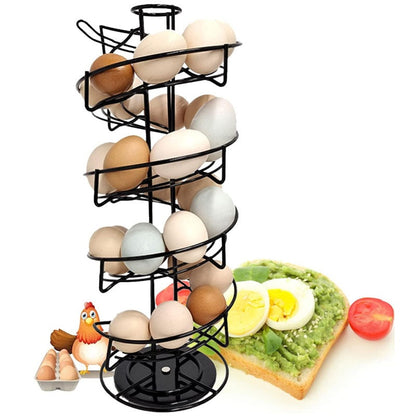 Metal egg storage rack showing spiral design in black