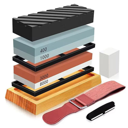 Knife sharpening kit showing 400 and 1000 grit water stones on bamboo base